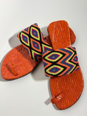 Vibrant Handwoven Mexican Huarache Toe Ring Slide Sandals Orange Multi Boho Sz 9